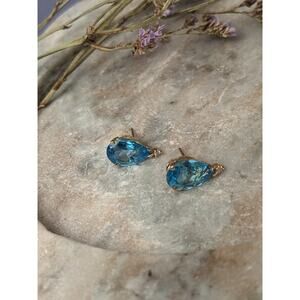 Estate Blue Gem 14k Yellow Gold Pear Shaped Studs with Diamond Accent
